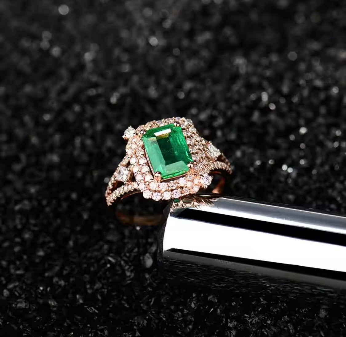 14K gold emerald diamond ring with 1.65 carat emerald cut natural emerald and diamond halo available in white yellow and rose gold