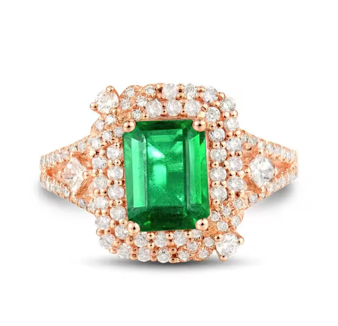 14K gold emerald diamond ring with 1.65 carat emerald cut natural emerald and diamond halo available in white yellow and rose gold