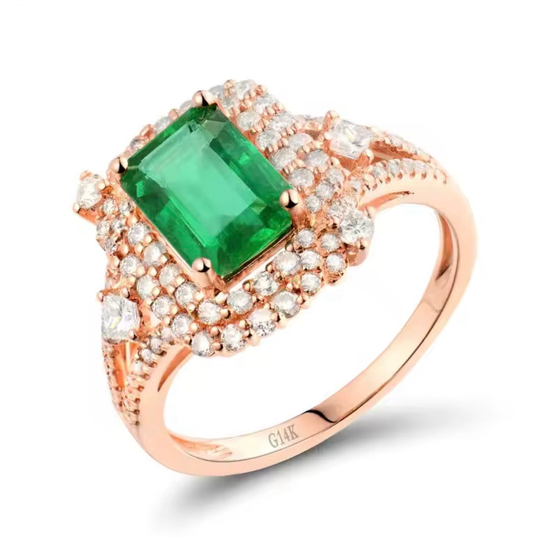 14K gold emerald diamond ring with 1.65 carat emerald cut natural emerald and diamond halo available in white yellow and rose gold