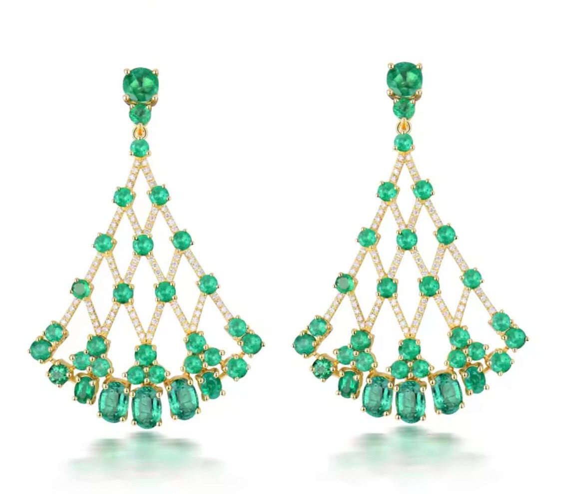 18K gold emerald chandelier earrings with 7.89 carat gemstones and luxury fan design