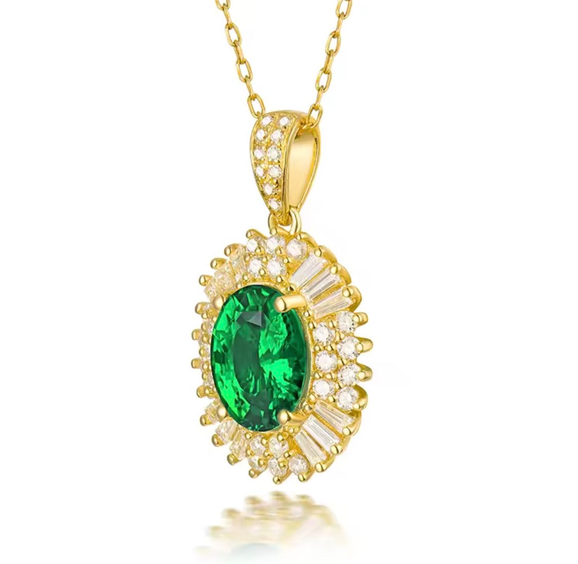 Natural emerald pendant 2.24 carats, oval cut, VS clarity, diamond halo, green gemstone in 18K gold