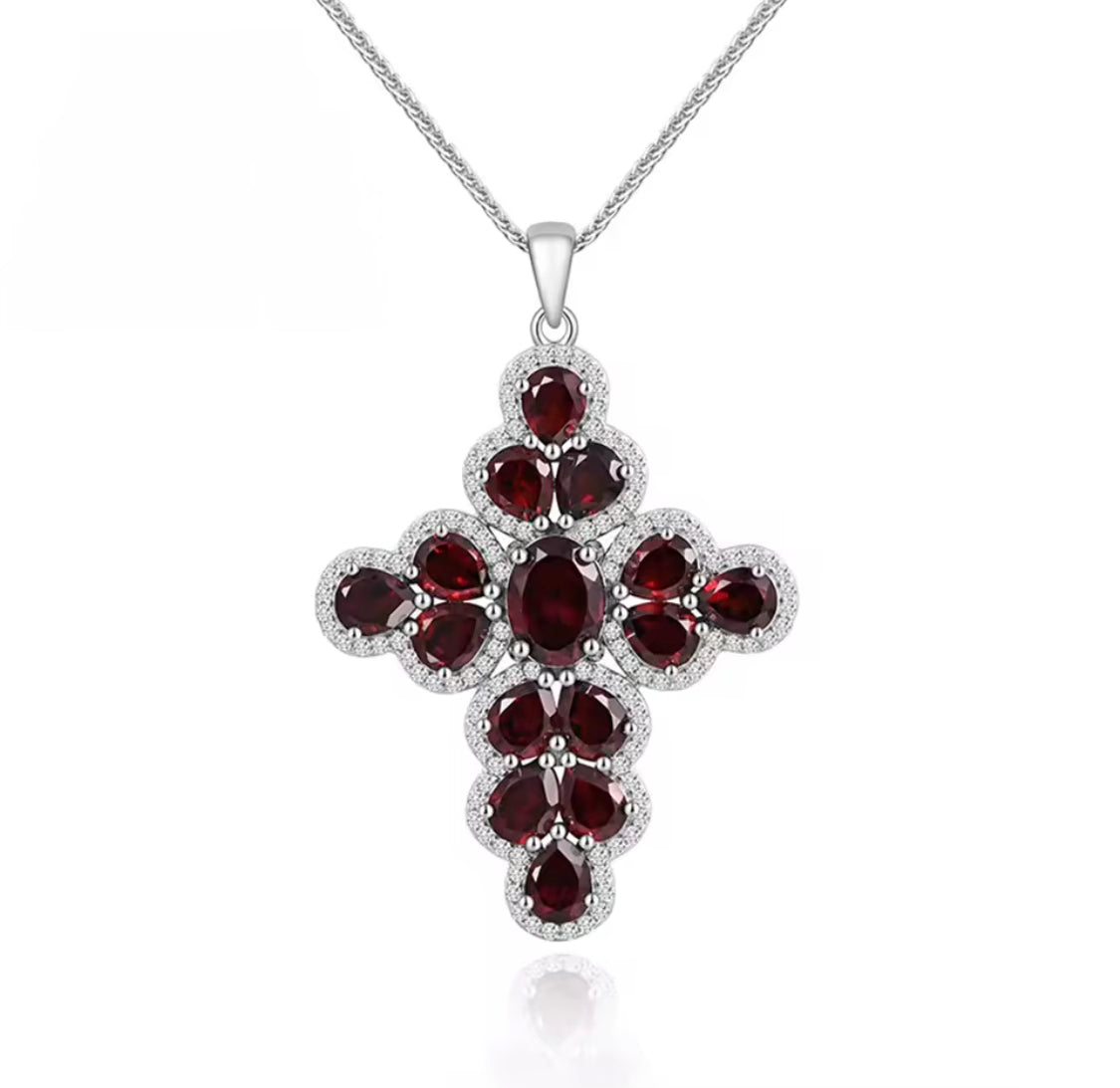 Natural garnet cross pendant, 925 sterling silver, deep red gemstones, Latin-inspired design, elegant and symbolic jewelry