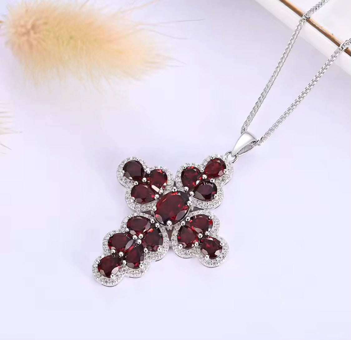 Natural garnet cross pendant, 925 sterling silver, deep red gemstones, Latin-inspired design, elegant and symbolic jewelry