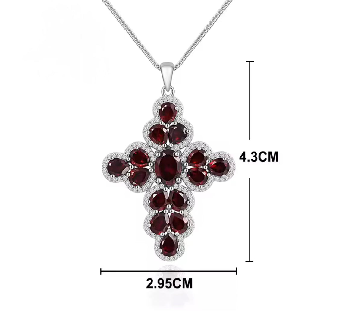 Natural garnet cross pendant, 925 sterling silver, deep red gemstones, Latin-inspired design, elegant and symbolic jewelry