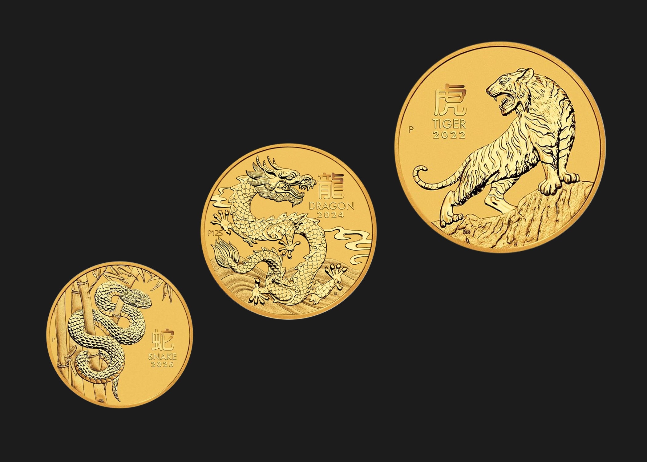 Investment Gold Coins Lunar series - snake, dragon, tiger