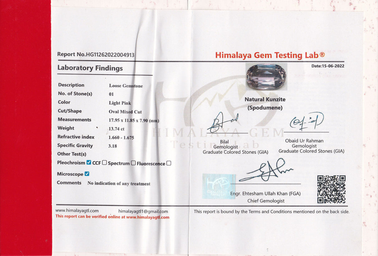 Kunzite 13.74 ct – Light Pink, Oval Cut, HGTL Certified