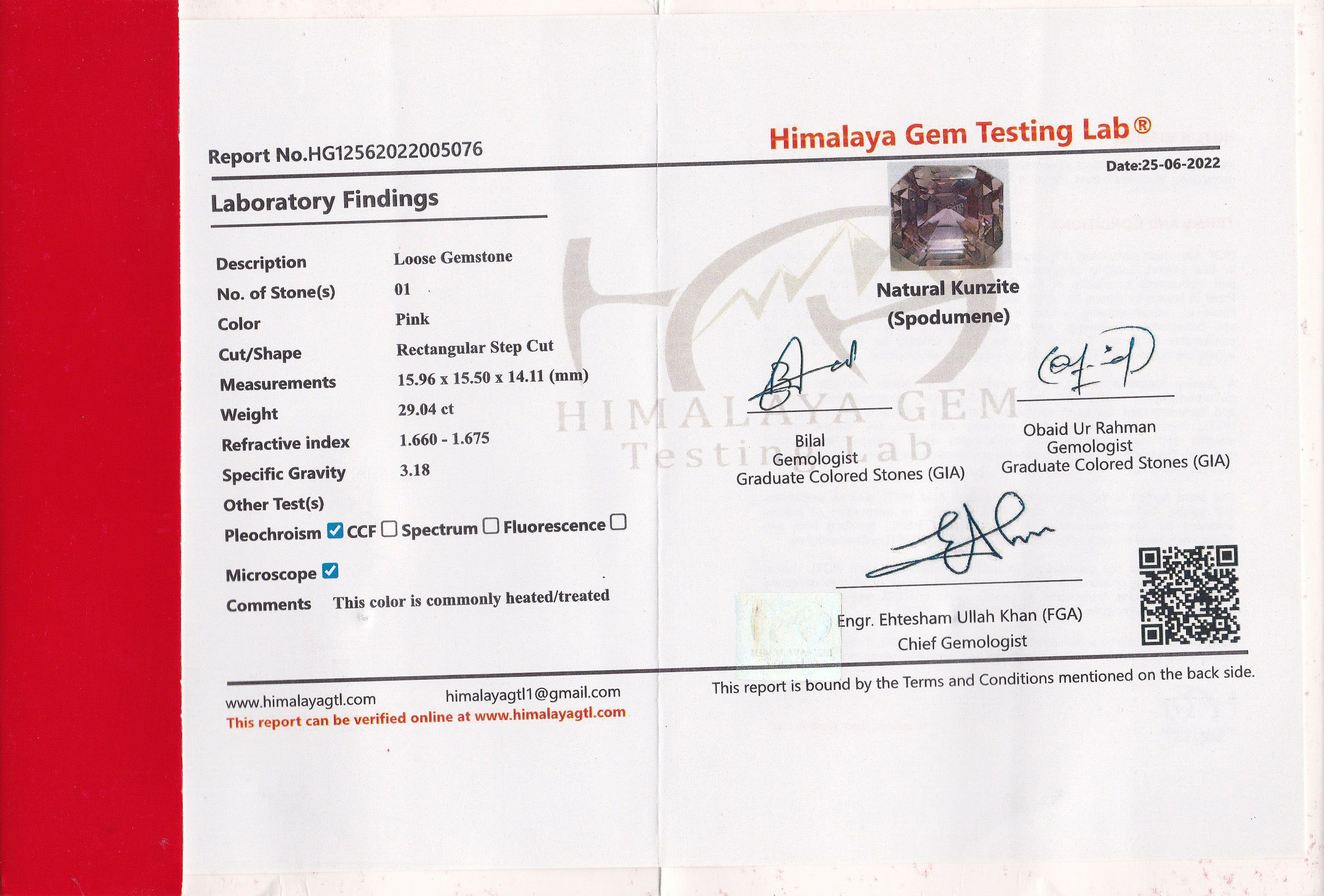 Kunzite 29.04 ct – Light Pink, Octagonal Cut, HGTL Certified