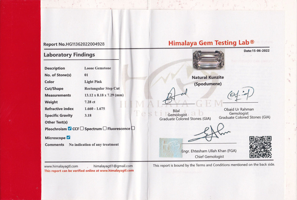 Kunzite 7.28 ct – Light Pink, Octagonal Cut, HGTL Certified