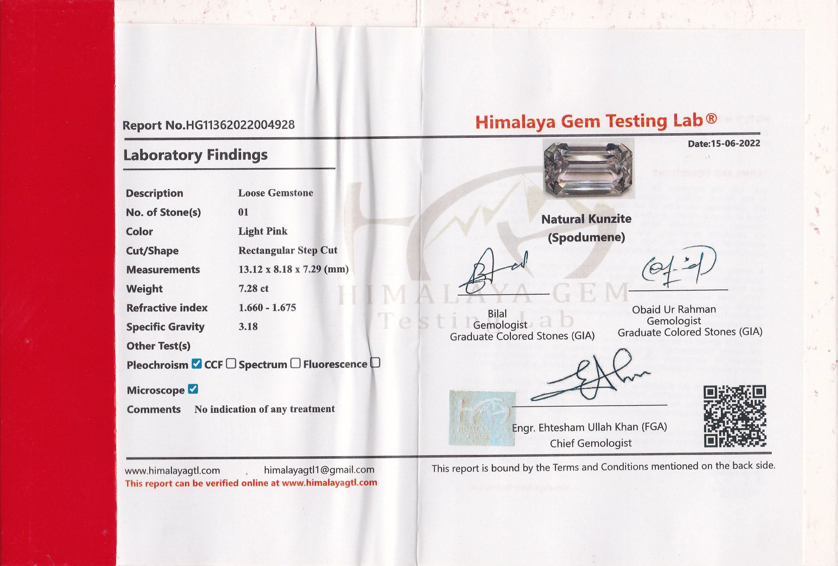 Kunzite 7.28 ct – Light Pink, Octagonal Cut, HGTL Certified