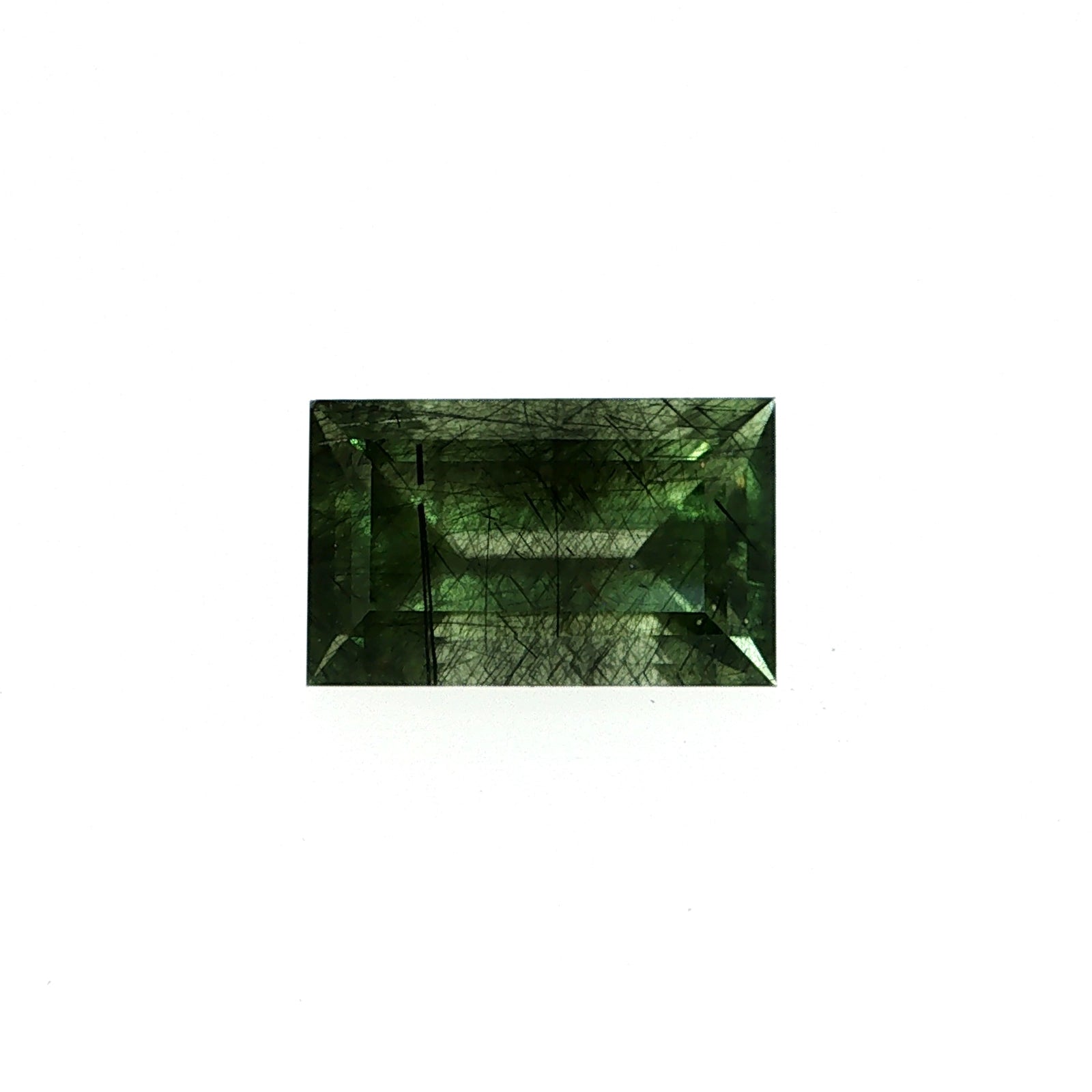 Natural ludwigite included peridot, 6.77 carats, baguette cut, green gemstone with black needle inclusions