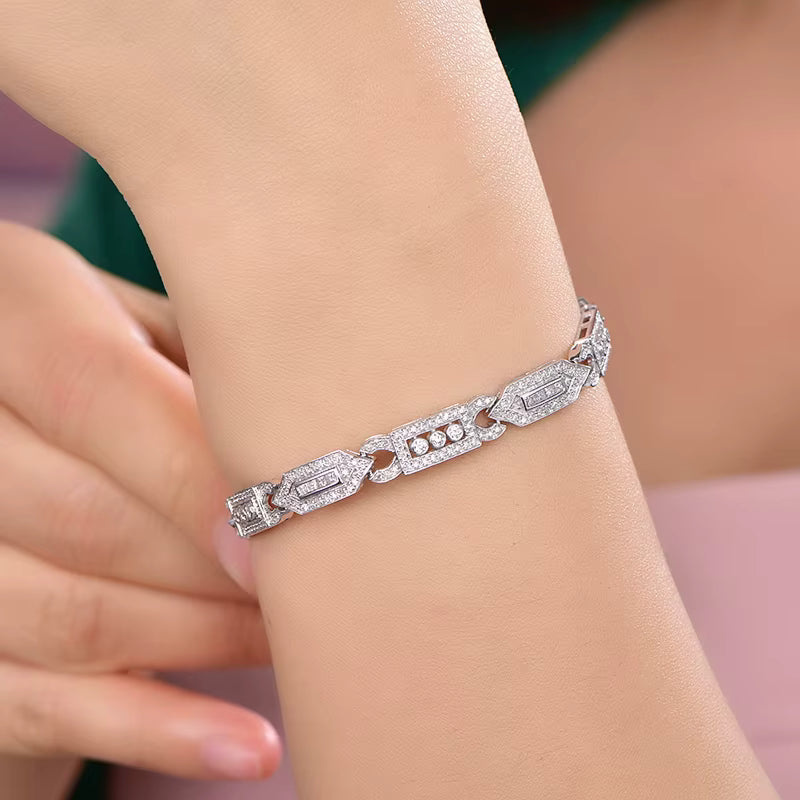 Luxury 14K white gold bracelet, 2.06 carats natural diamonds, round and emerald cut, geometric design
