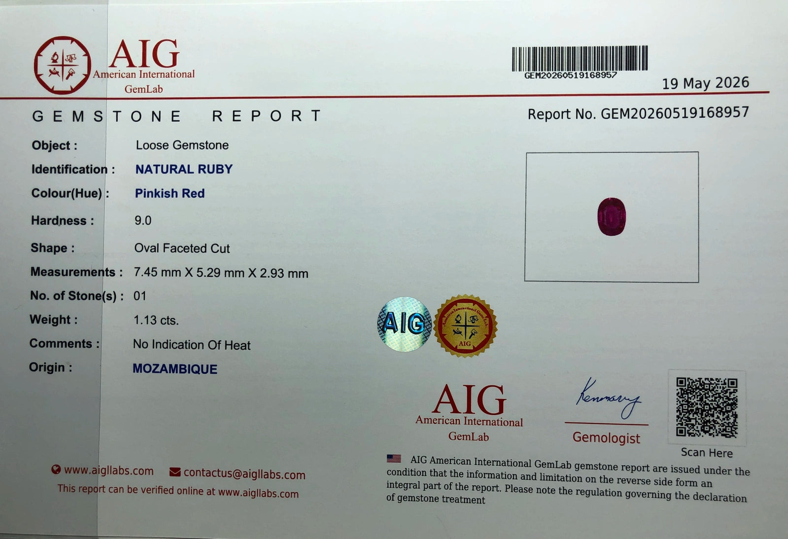 Natural Mozambique Ruby 1.13 ct – Oval Cut, No Heat, AIG Certified