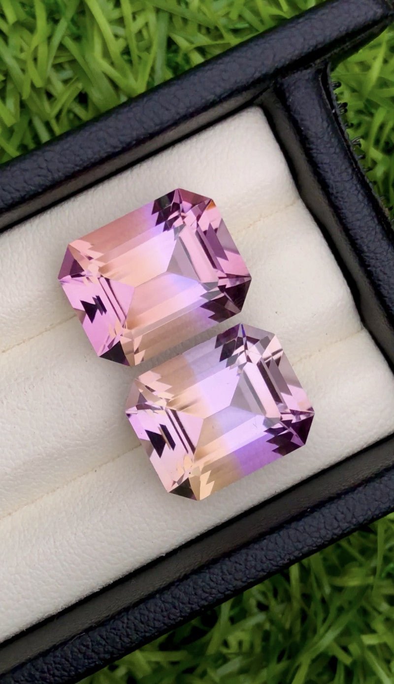 Natural Ametrine 21.40 ct – Matching Pair, Emerald Cut, Purple - Orange, Untreated, Bolivia
