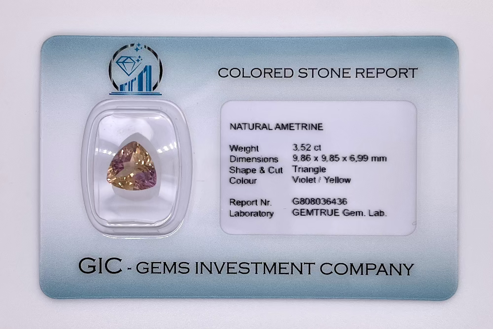 Natural Ametrine 3.52 carats, triangle cut, violet and yellow bi-color gemstone, untreated, GEMTRUE certified