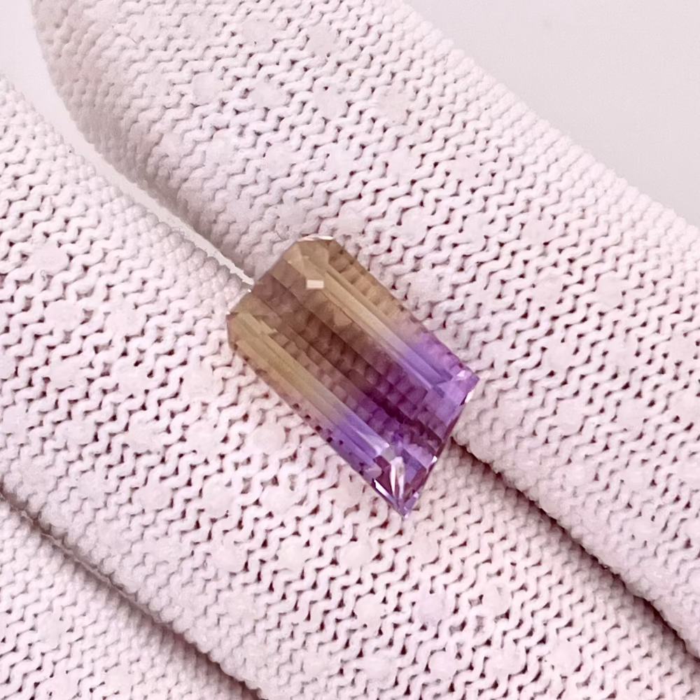 Natural Ametrine 6.68 carats, cut-cornered whistle cut, violet and yellow bi-color gemstone, untreated