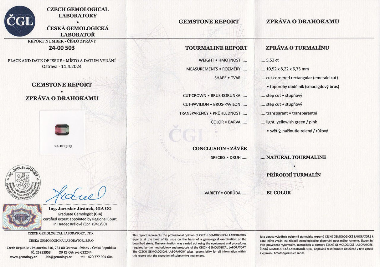 Natural Bi - Color (Watermelon) Tourmaline 5.52 ct – Emerald Cut, Certified