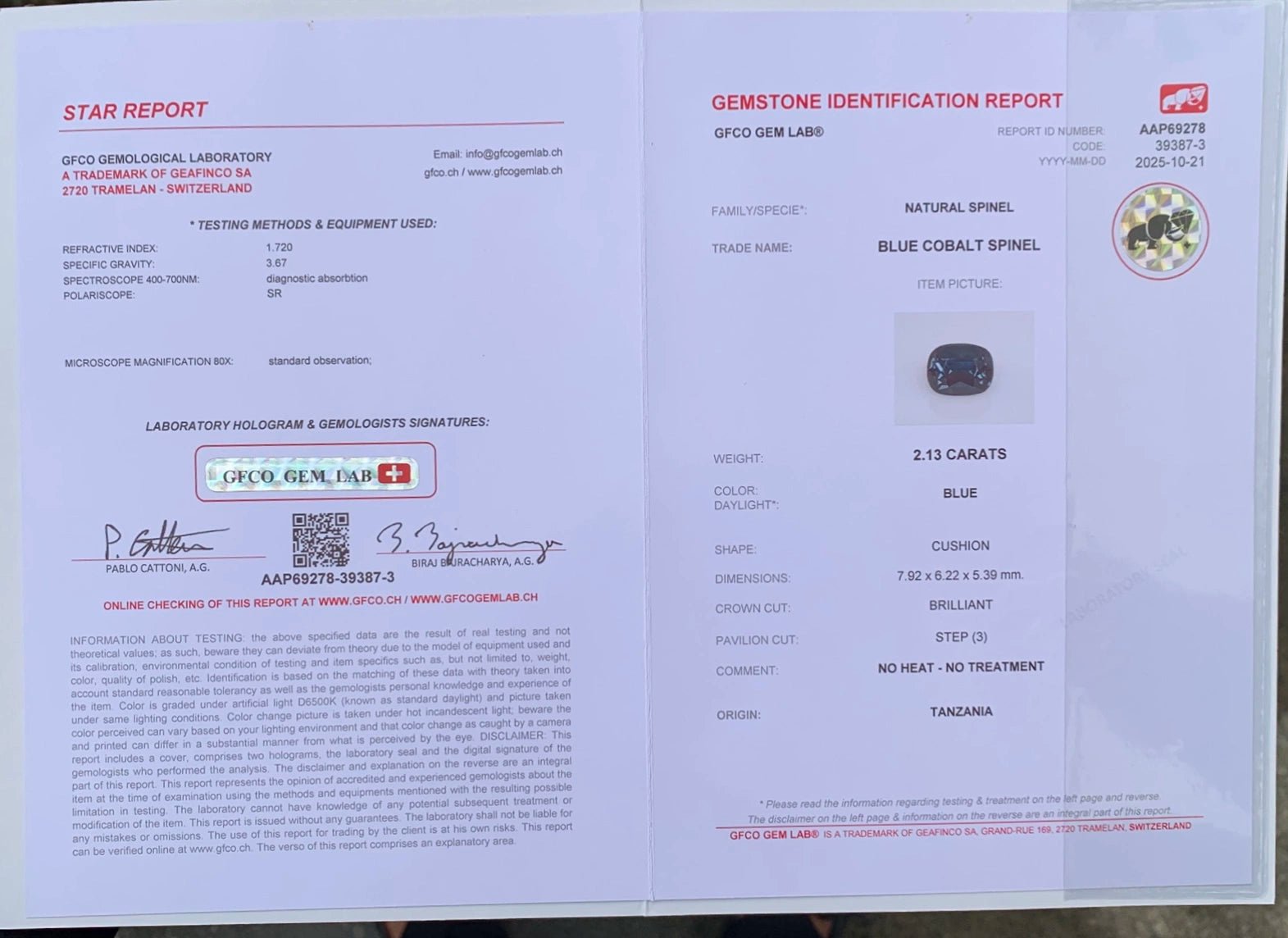 Natural Blue Cobalt Spinel 2.13 ct – Cushion Cut, Untreated, GFCO Certified