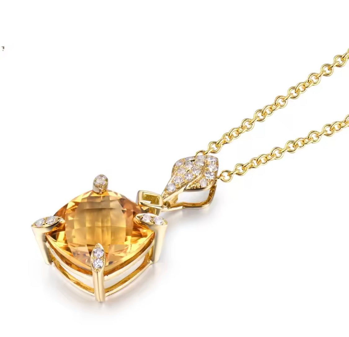 Natural cushion-cut citrine and diamond pendant in 18K yellow gold side view