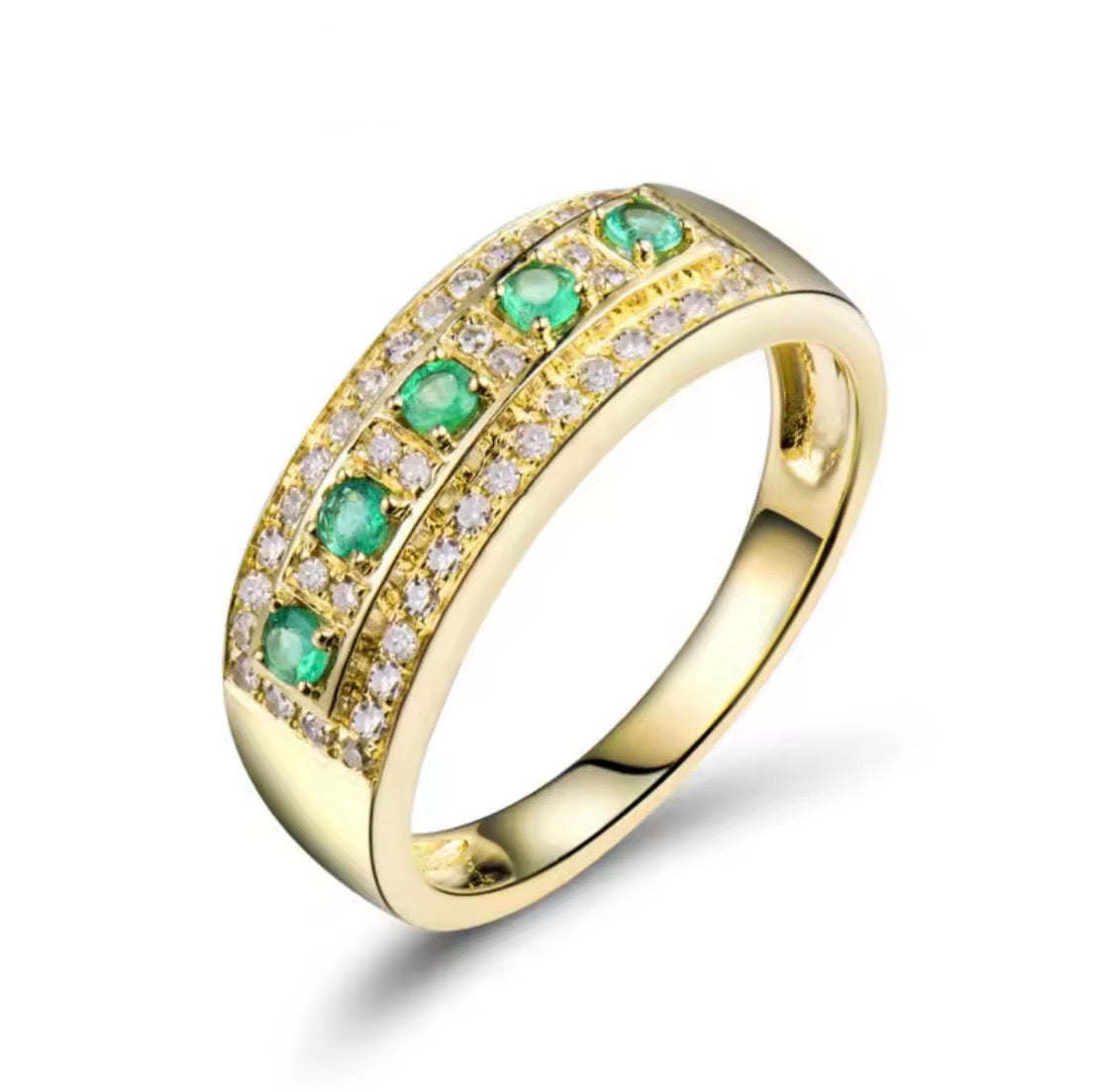 18K yellow gold ring with five natural emeralds and natural diamonds angle view
