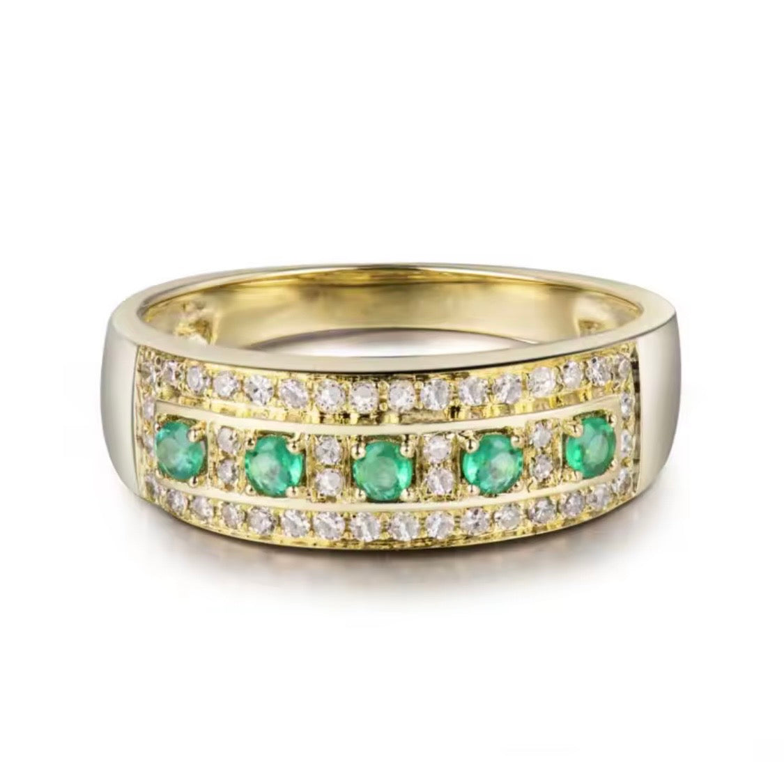 natural-emerald-diamond-band-ring-18k-yellow-gold-front-view
