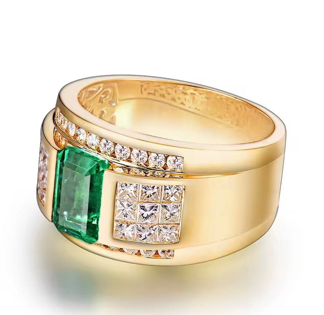 1.88 ct natural emerald and diamond statement ring in 14K yellow gold angle view