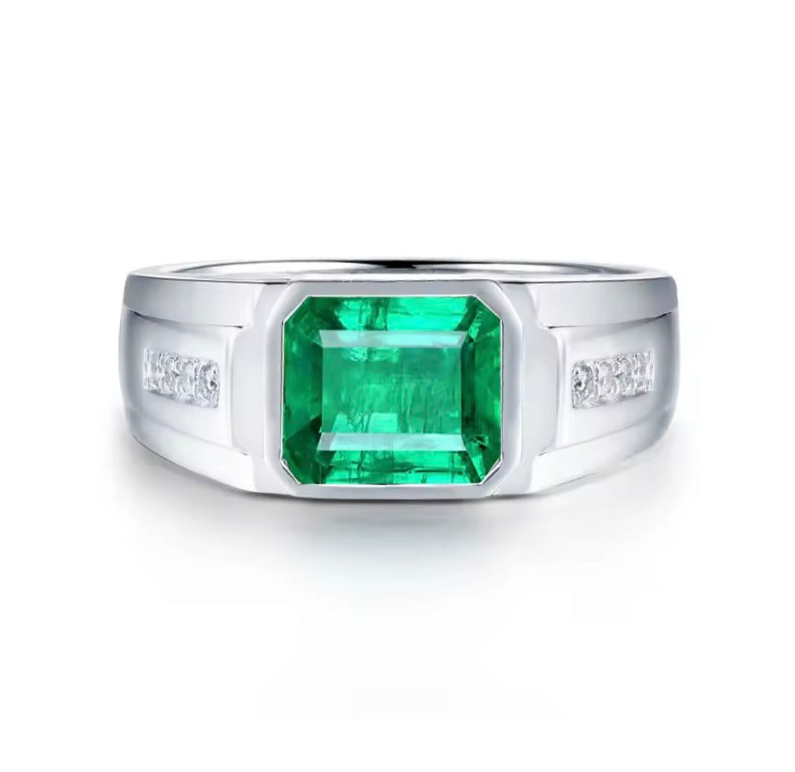 Natural emerald-cut emerald and diamond unisex ring in 18K white gold front view