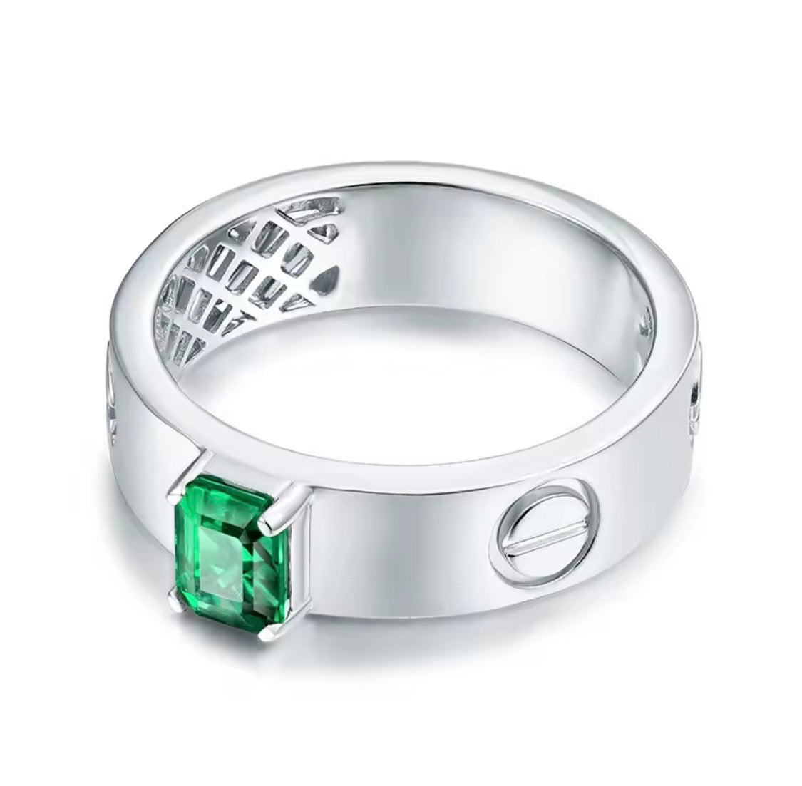 0.85 ct natural emerald unisex ring in 14K white gold angle view