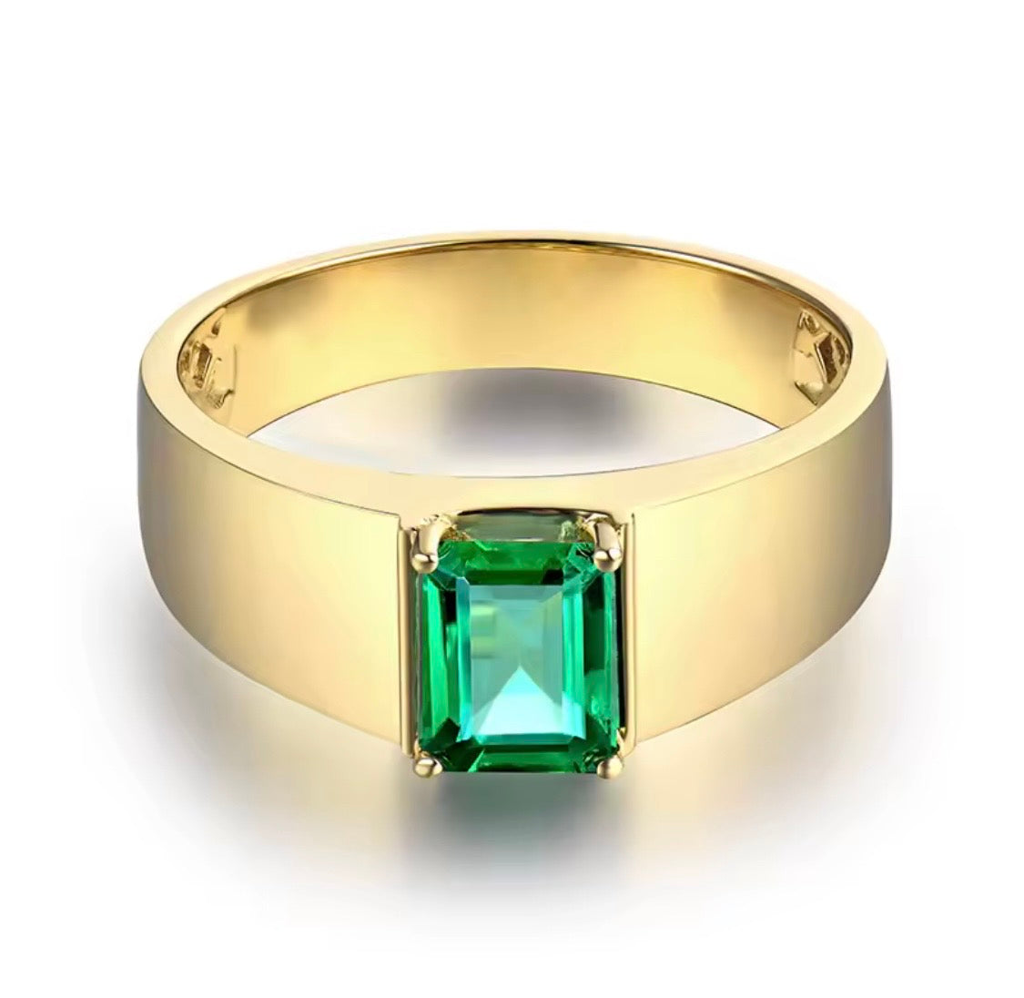 Natural emerald-cut emerald unisex ring in 14K yellow gold front view