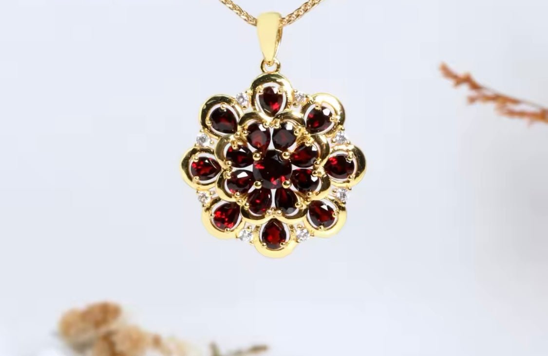 Natural Garnet Pendant 4.20 ct – Pear Cut, Gold Plated Silver, Latin - Inspired Design