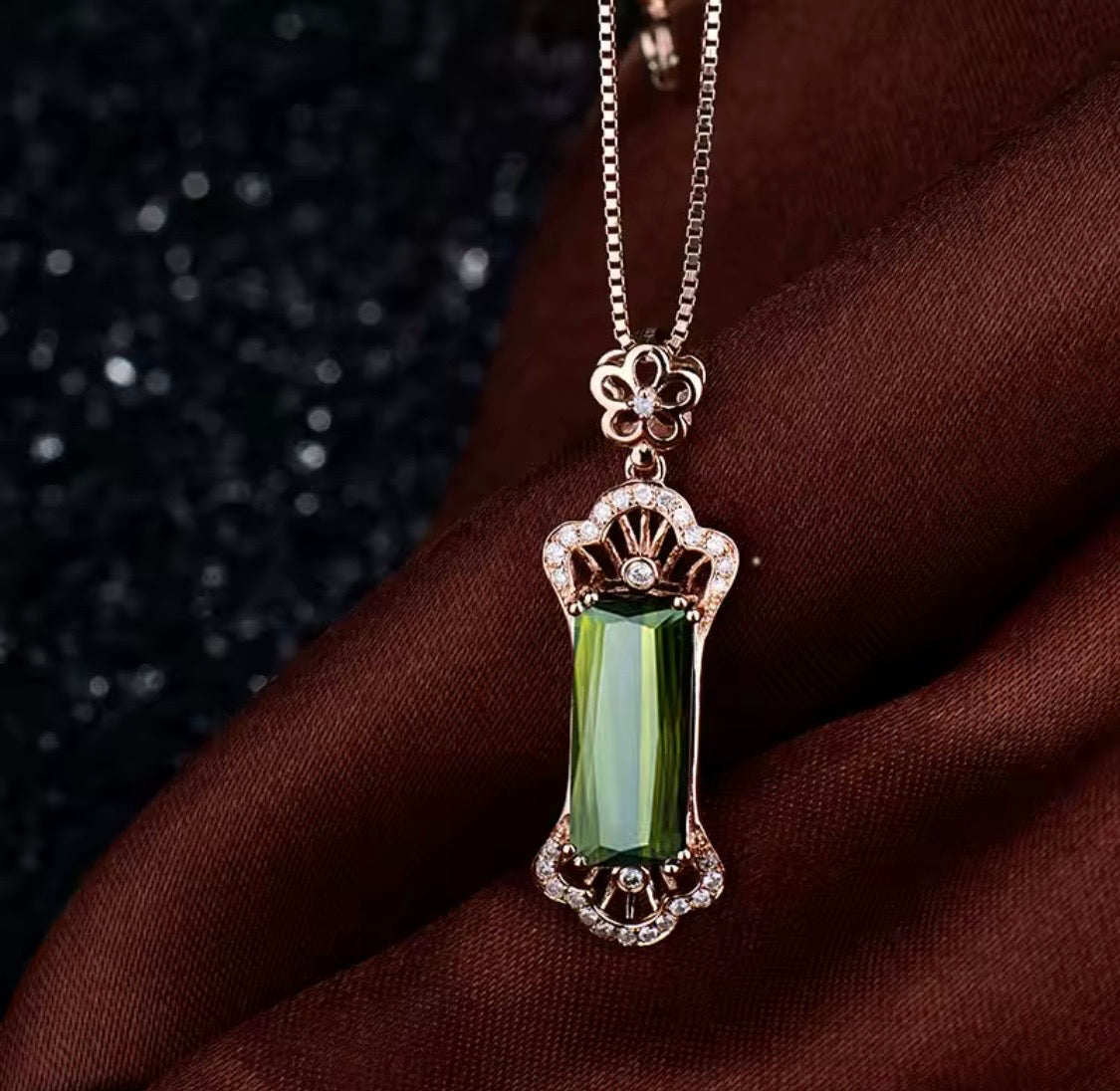 Natural rectangular green tourmaline and diamond pendant in 18K rose gold front view