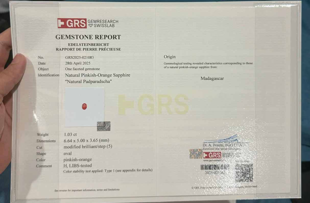 Natural Padparadscha Sapphire 1.03 ct – Oval Cut, Heated, GRS Certified