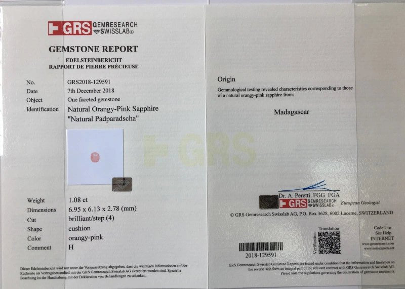 Natural Padparadscha Sapphire 1.08 ct – Cushion Cut, Heated, GRS Certified