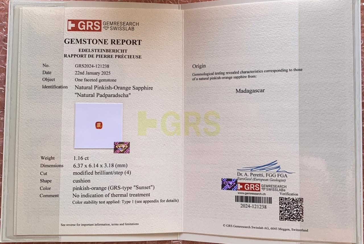 Natural Padparadscha Sapphire 1.16 ct – Cushion Cut, Untreated, GRS Certified