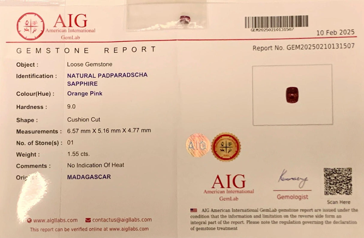 Natural Padparadscha Sapphire 1.55 ct – Cushion Cut, Untreated, AIG Certified