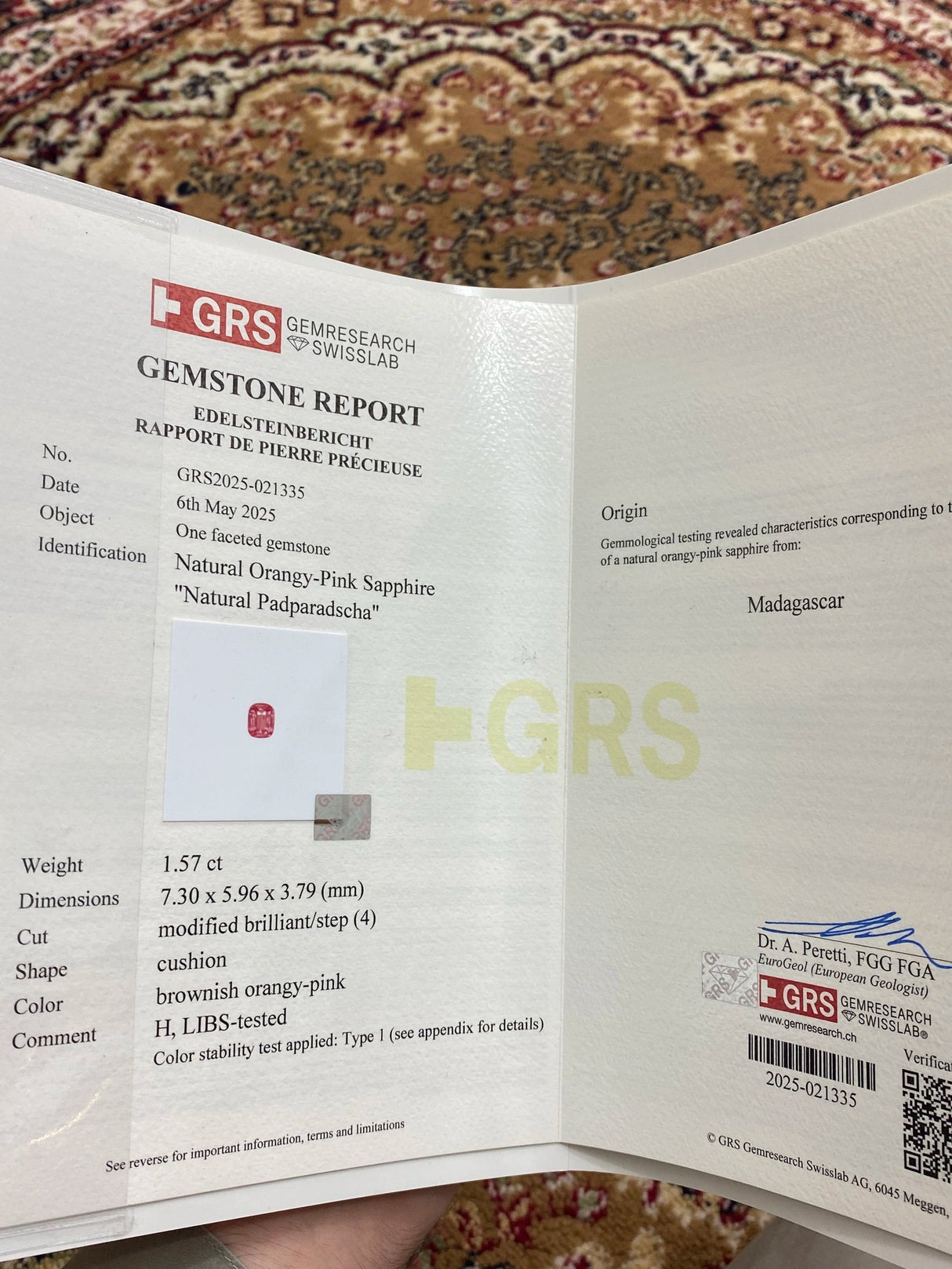 Natural Padparadscha Sapphire 1.57 ct – Cushion Cut, Heated, GRS Certified