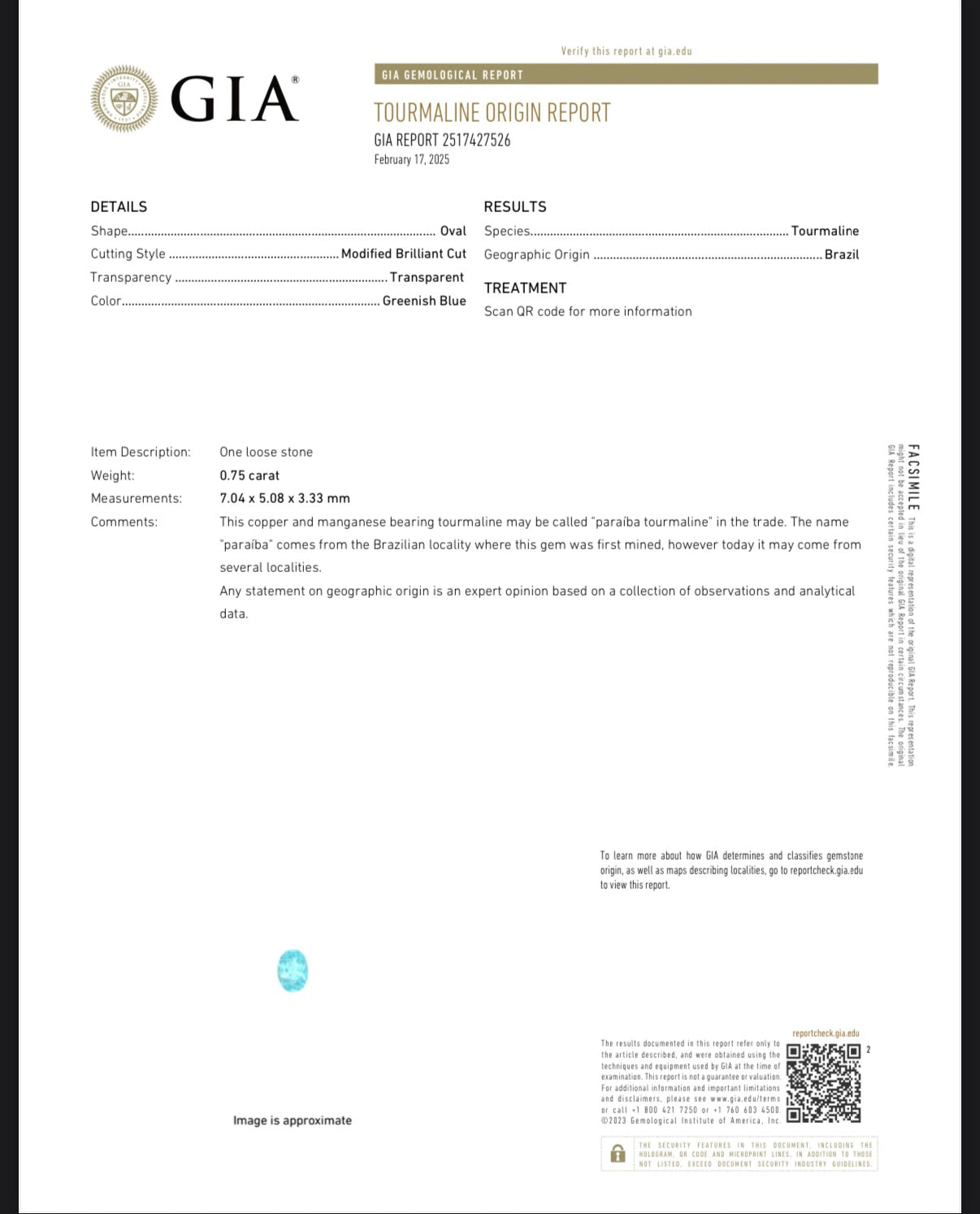 Natural Paraiba Tourmaline 0.75 ct – Oval Cut, Heated, GIA Certified