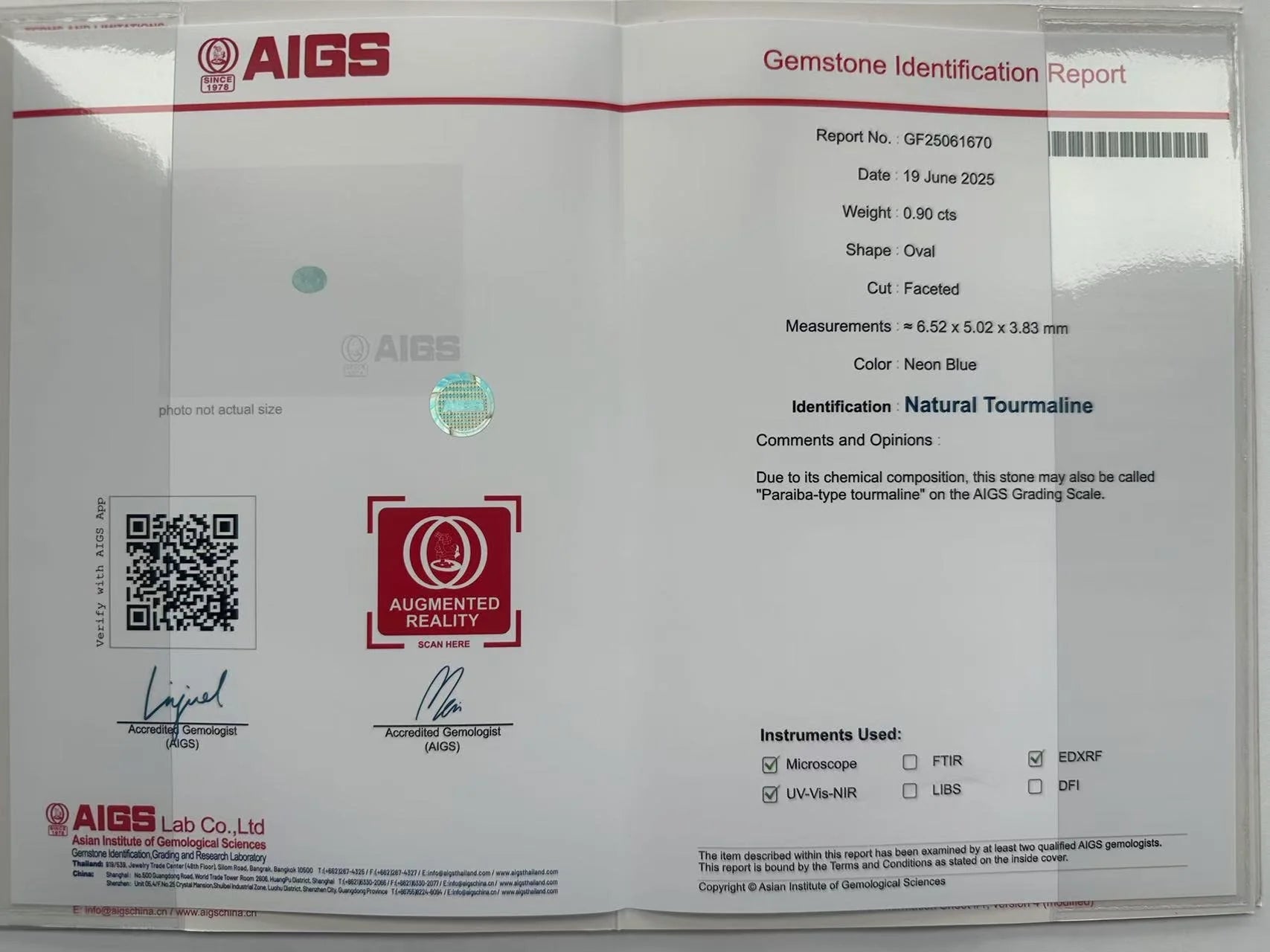 Natural Paraiba Tourmaline 0.90 ct – Oval Cut, AIGS Certified