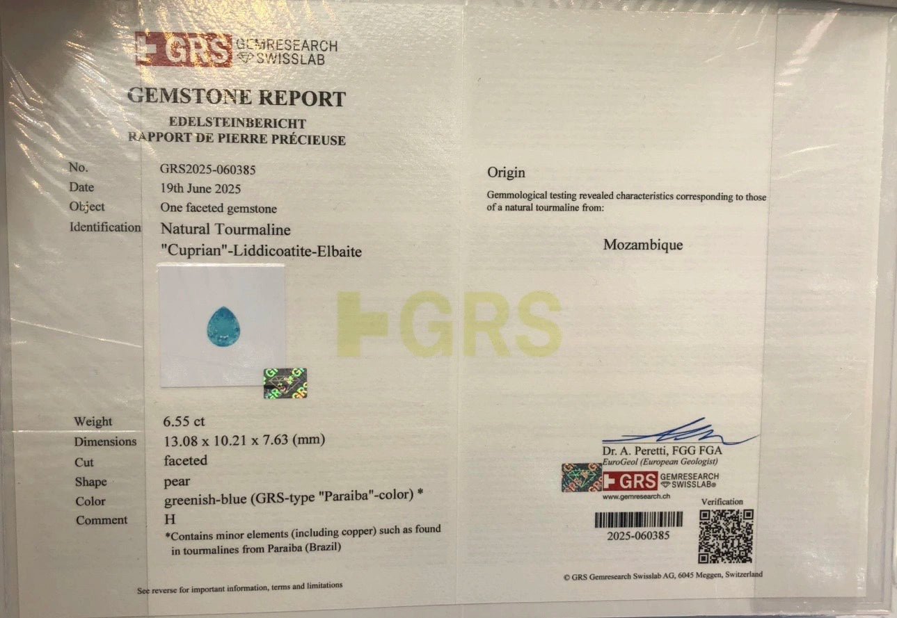 Natural Paraiba Tourmaline 6.55 ct – Pear Cut, GRS Certified