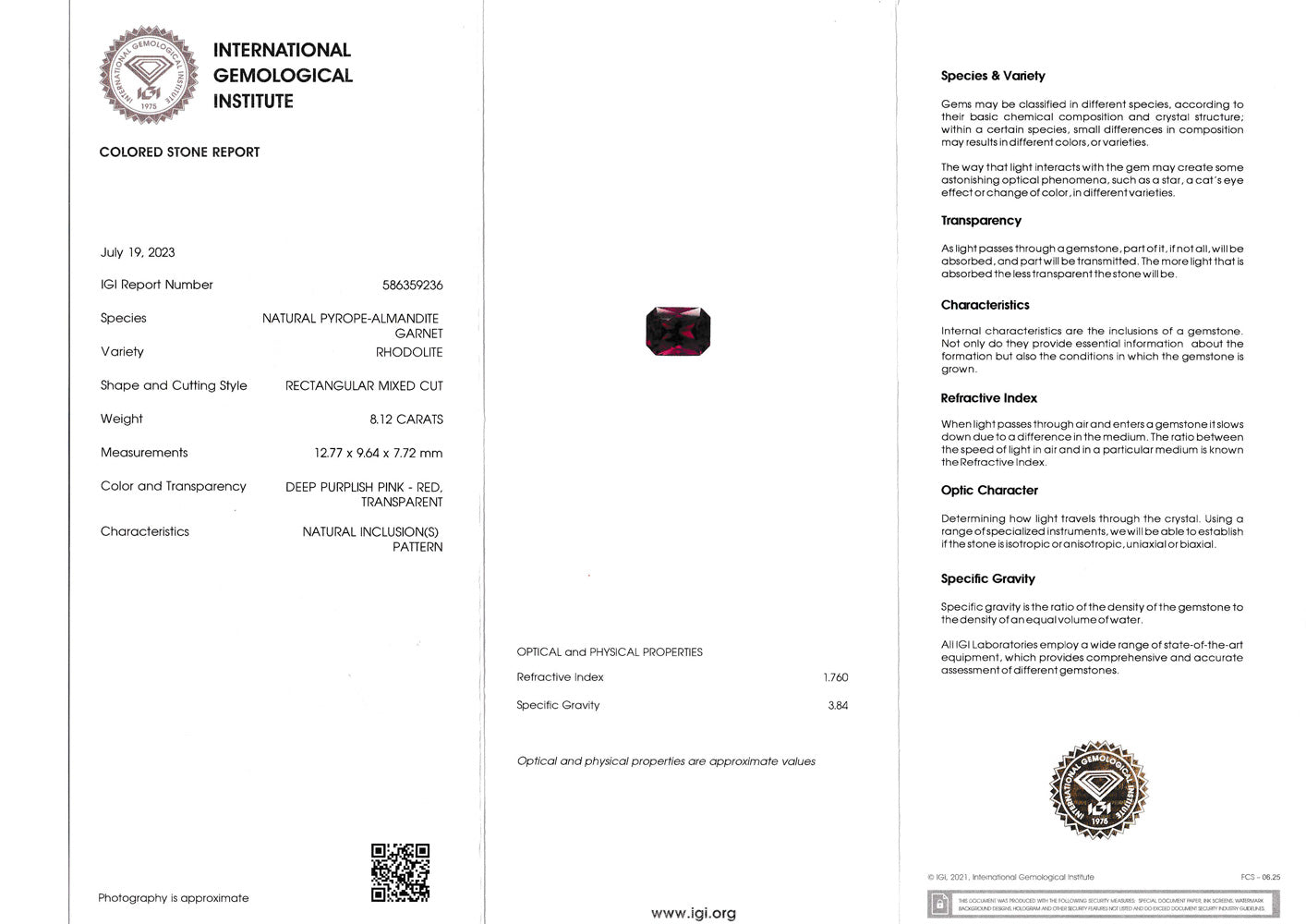 Natural Rhodolite Garnet 8.12 ct – Deep Purplish Pink, Rectangular Mixed Cut, IGI Certified