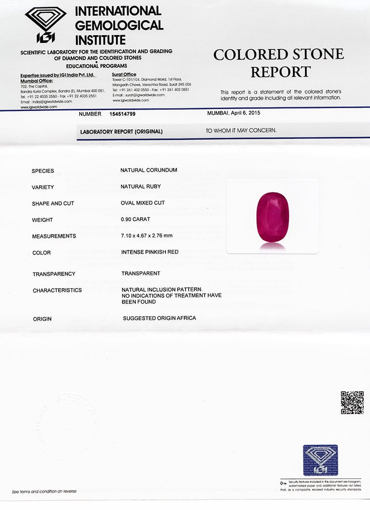 Natural Ruby 0.90 ct – Oval Cut, Neon Pinkish Red, IGI Certified, Untreated