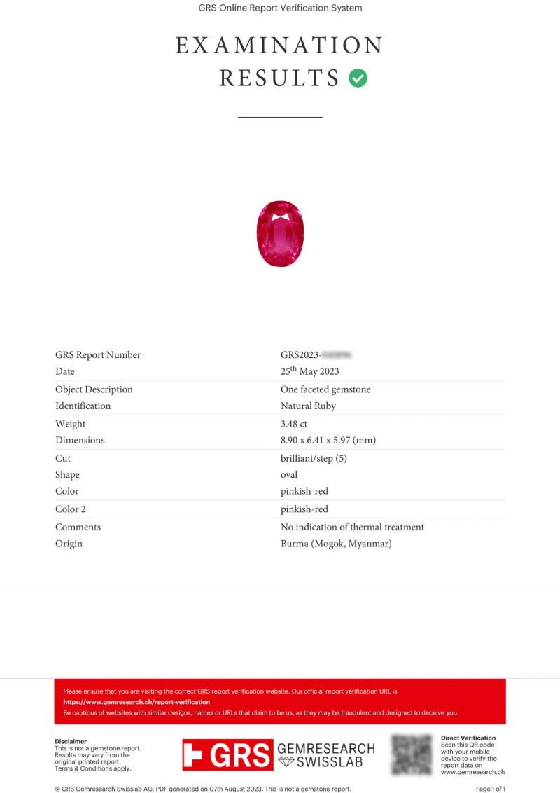 Natural Ruby 3.48 ct – Pinkish Red, Oval Cut, Untreated, Burma (Mogok), GRS Certified