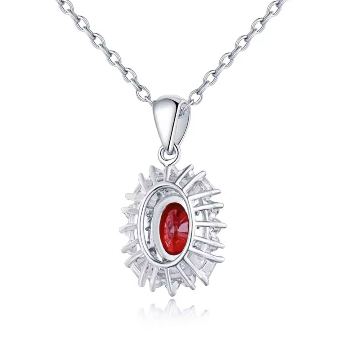 14K white gold natural ruby and diamond pendant back and setting view
