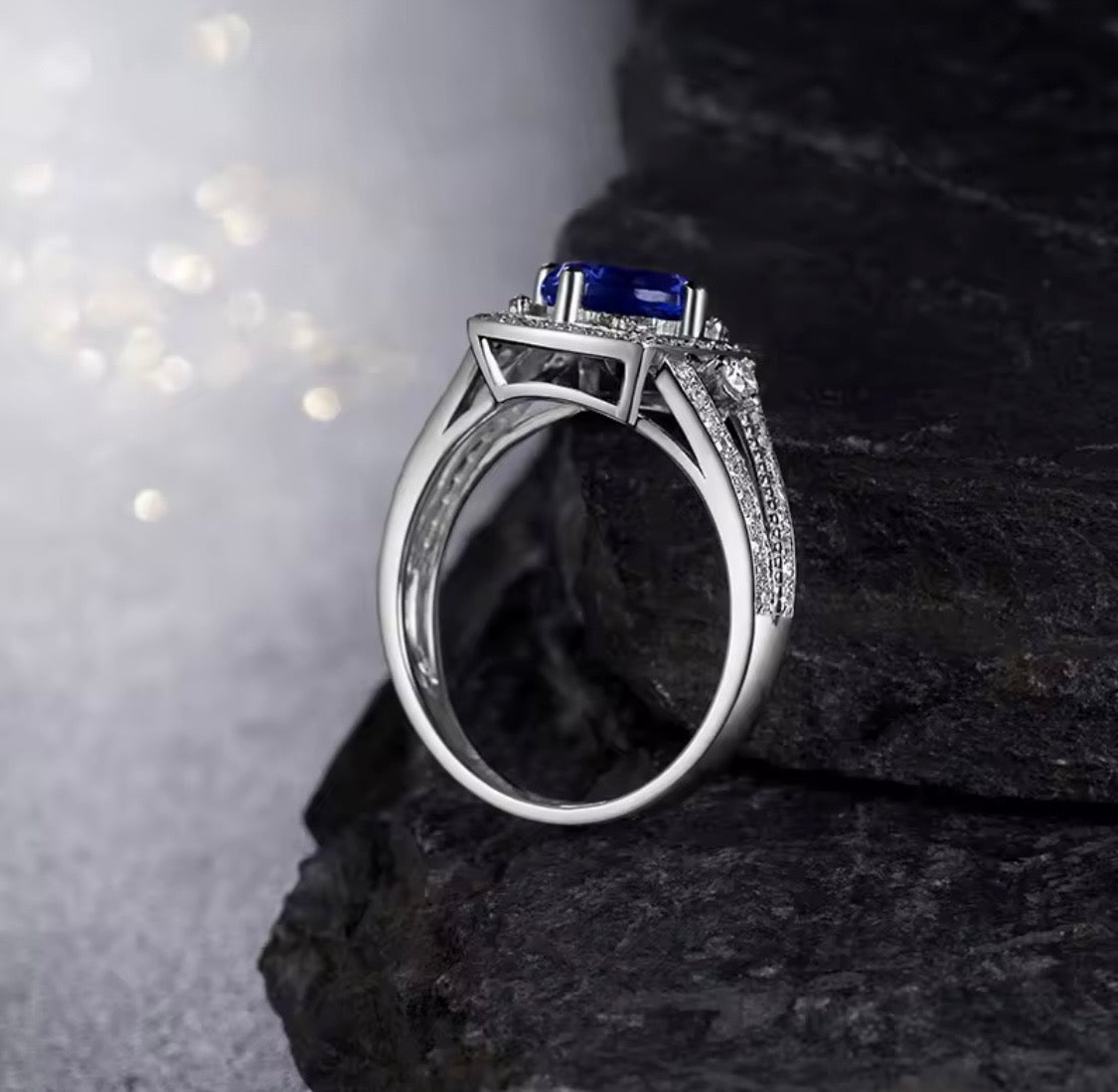 14K white gold natural tanzanite and diamond unisex ring side profile
