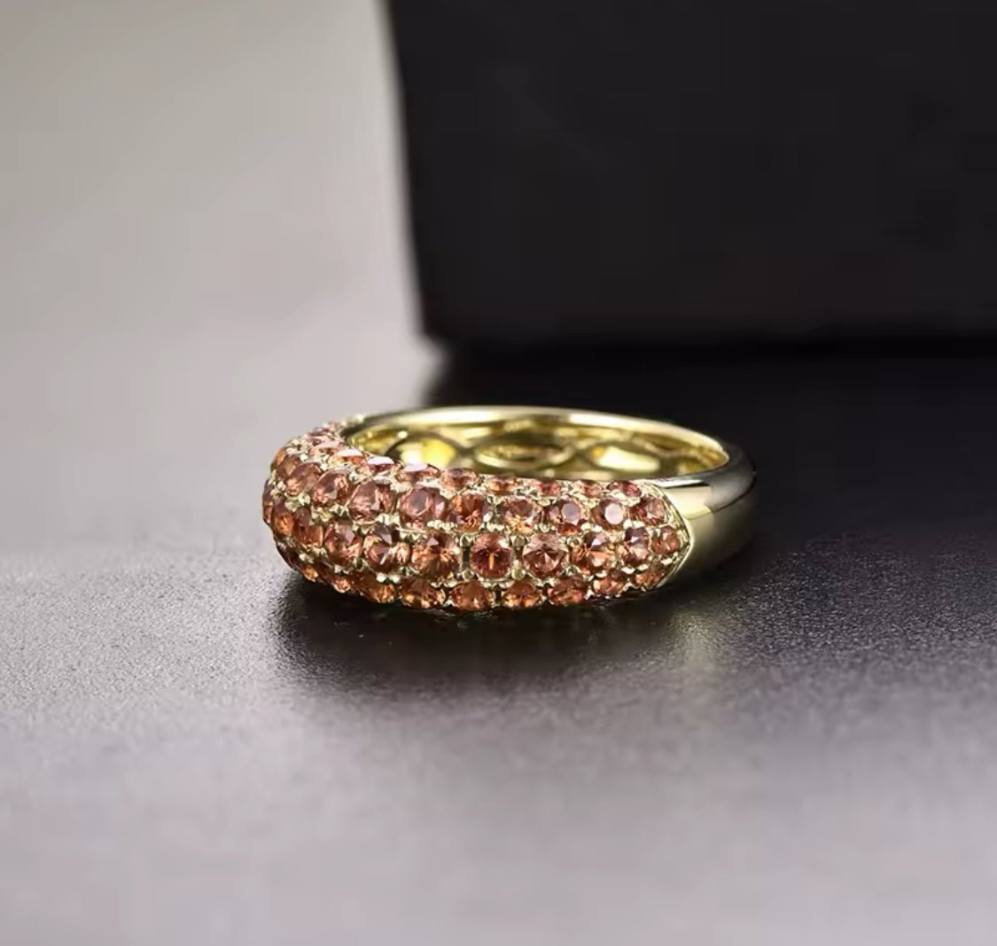 14K yellow gold orange sapphire ring with 3.55 carat natural oval cut sapphires, pavé style luxury unisex gemstone jewelry