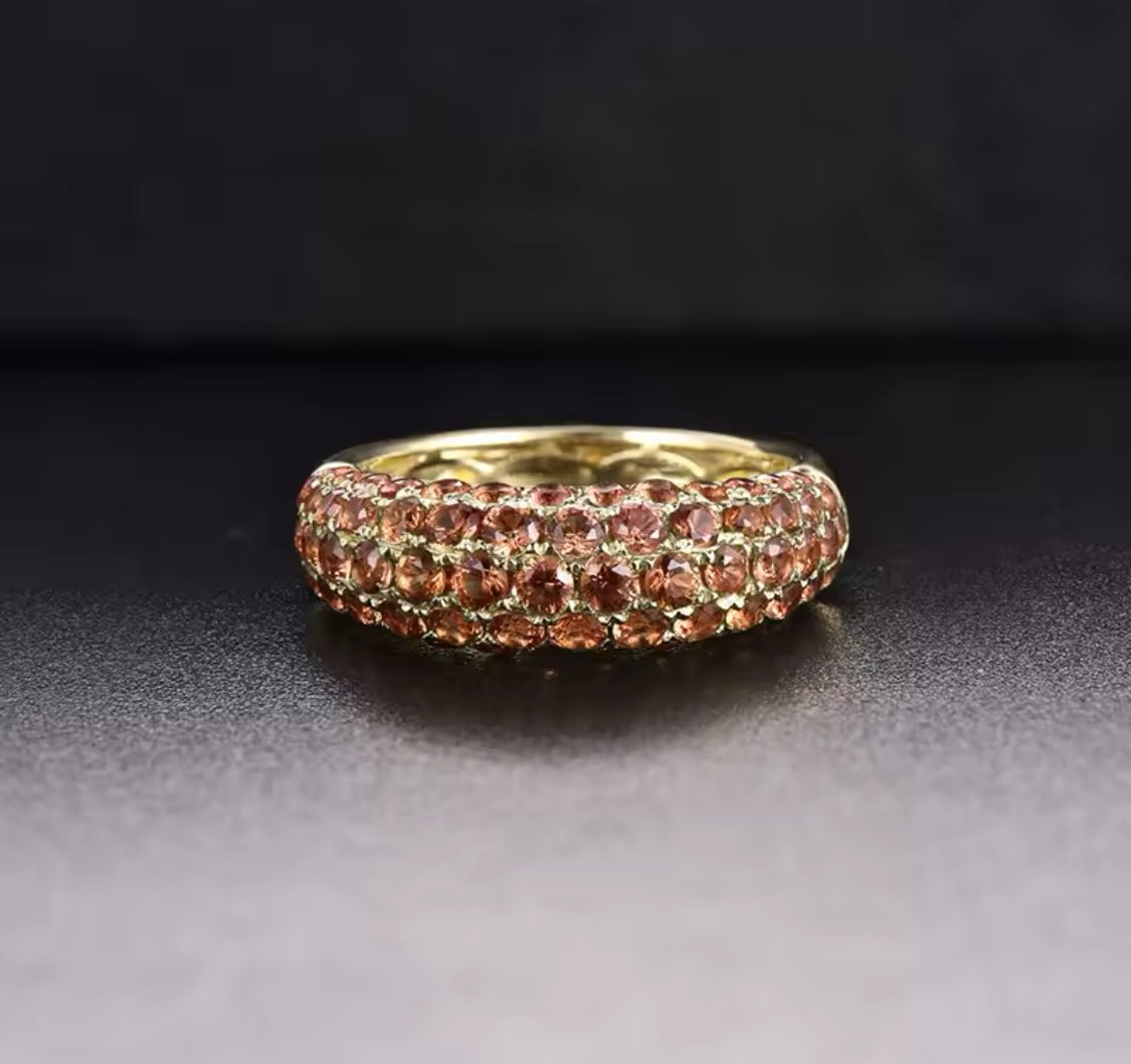 14K yellow gold orange sapphire ring with 3.55 carat natural oval cut sapphires, pavé style luxury unisex gemstone jewelry