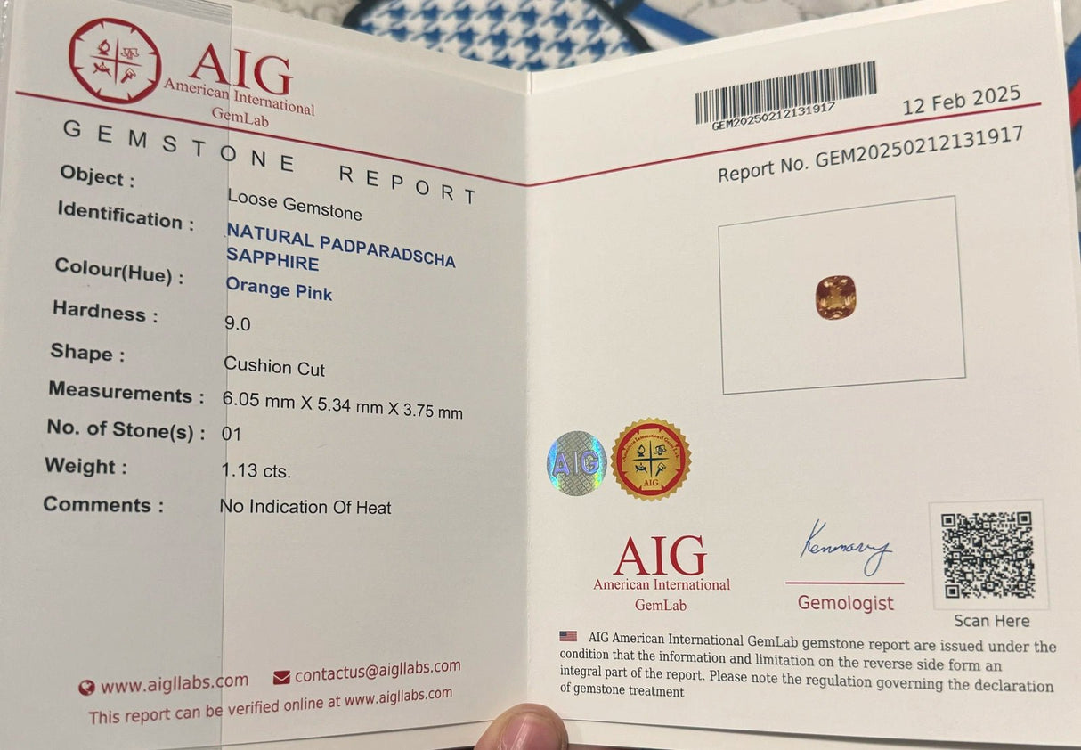 Padparadscha Sapphire 1.13 ct – Orange Pink, Cushion Cut, AIG Certified