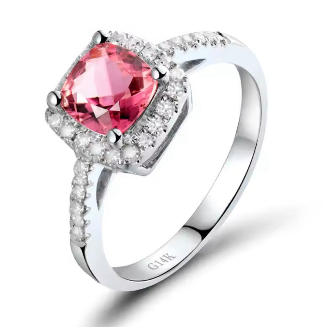 14K white gold pink tourmaline diamond ring with cushion cut natural tourmaline and diamond halo