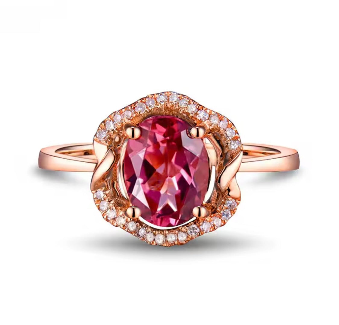 18K rose gold pink tourmaline diamond ring with oval 6x8 mm natural tourmaline and diamond halo