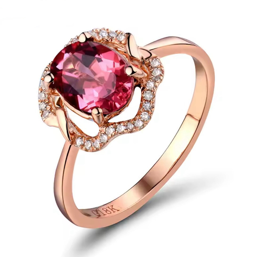 18K rose gold pink tourmaline diamond ring with oval 6x8 mm natural tourmaline and diamond halo