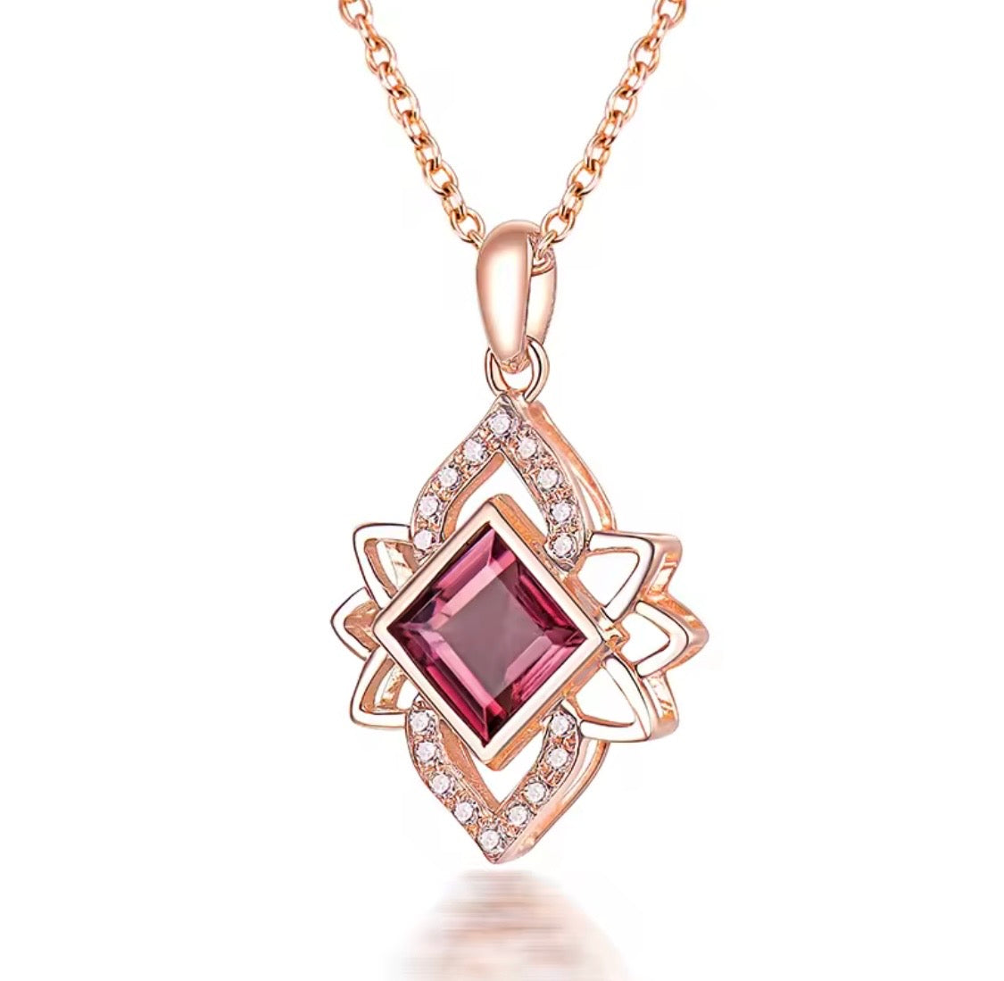 14K rose gold pink tourmaline pendant with princess cut gemstone and diamond accents